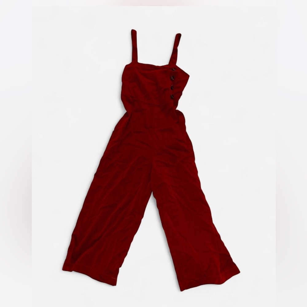 La Hearts Deep Red Wide-Leg Jumpsuit with Side Buttons